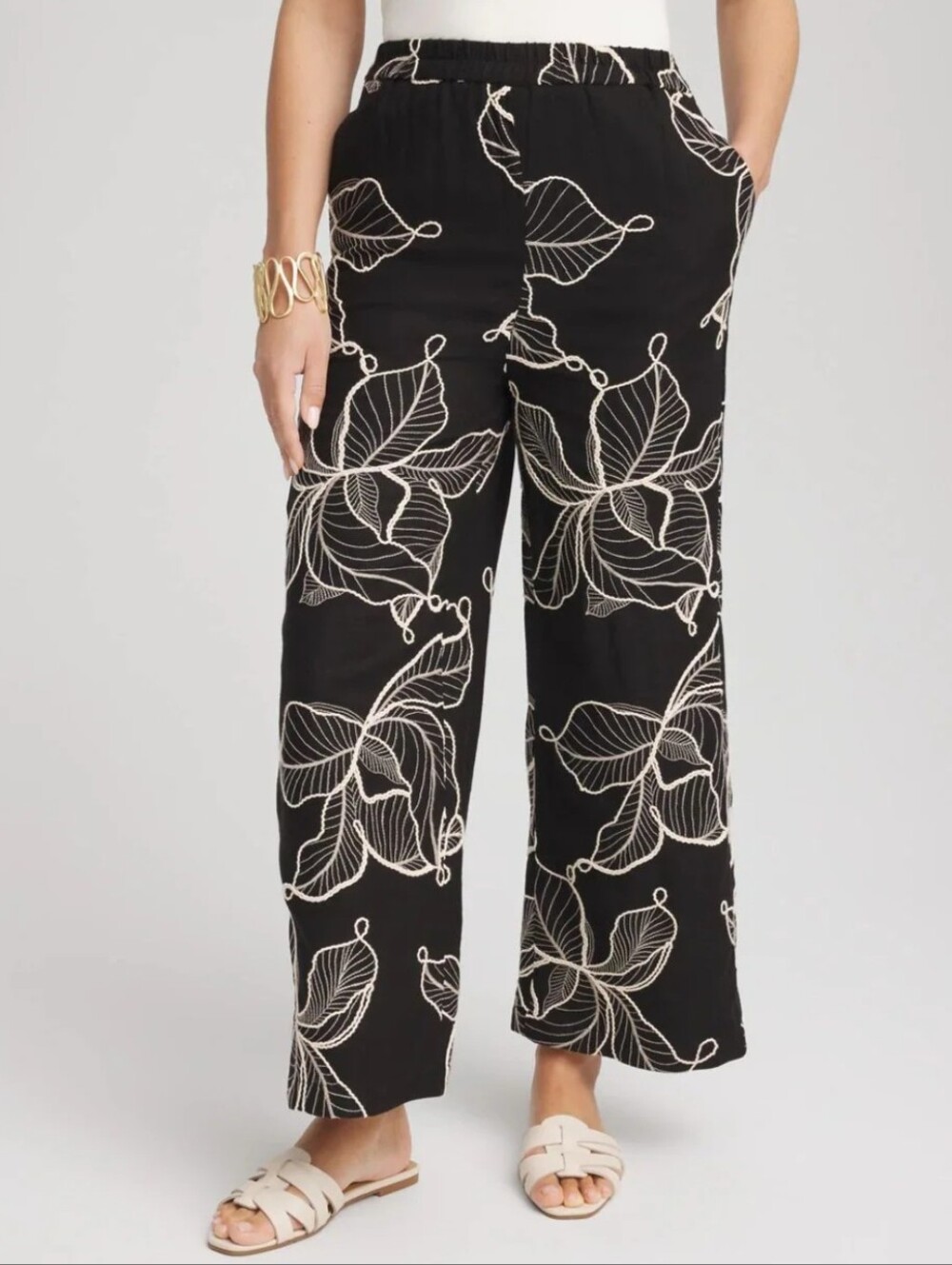 Chico's Embroidered Wide Leg Pull On Linen Blend Crop Pants Sz Chico's 4/US 20